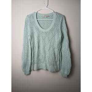 Loft Blue Knit Sweater Bobble Pointelle Scoop Neck Size Medium Cotton
